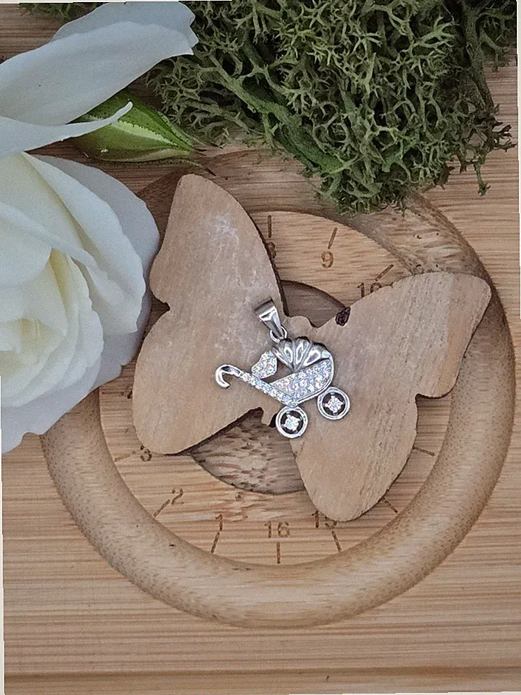 056-2026 Kettenanhänger 925 Silber rhodiniert Kinderwagen Motiv Geburt Baby