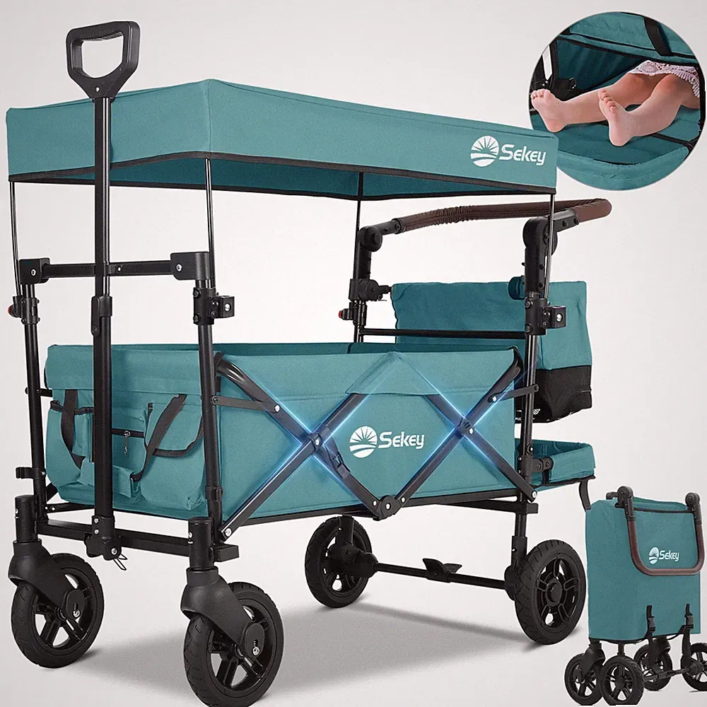 150KG 110L Bollerwagen Faltbar mit Dach PU Reifen mit Bremsen Kinderwagen B Ware