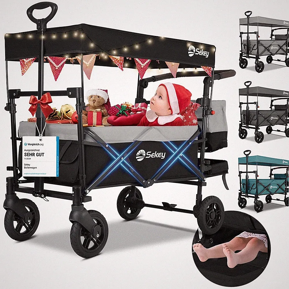 150KG Bollerwagen Faltbar mit Dach 2 Kinder Schiebegriff Kinderwagen mit Bremsen