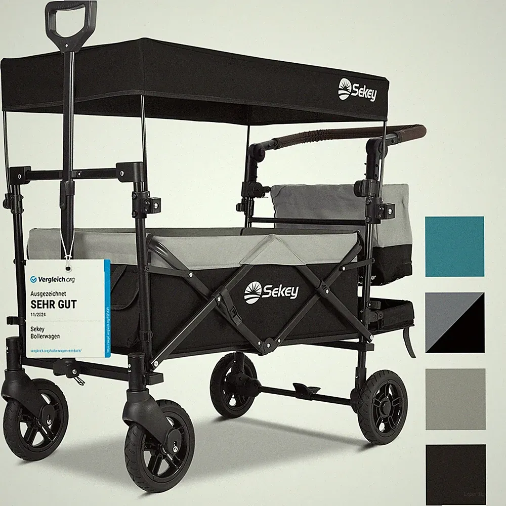 150KG Bollerwagen Faltbar mit Dach 2er Kinder Handwagen PU Räder mit Bremsen