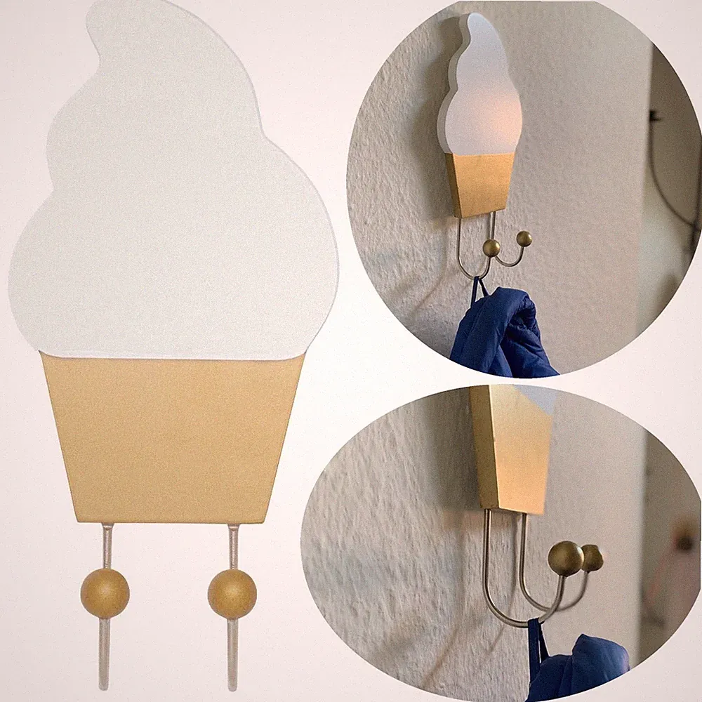 2-fach Design Holz Kinder Garderobe Eis Weiß Gold 22cm Wandhaken Kleiderhaken