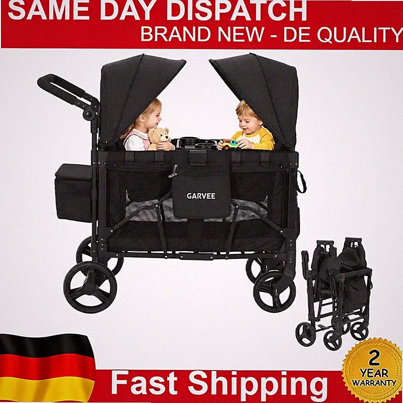 2 Kinder Kinderwagen Zwillinge Bollerwagen Faltbar mit Dach mit Snack Ablage