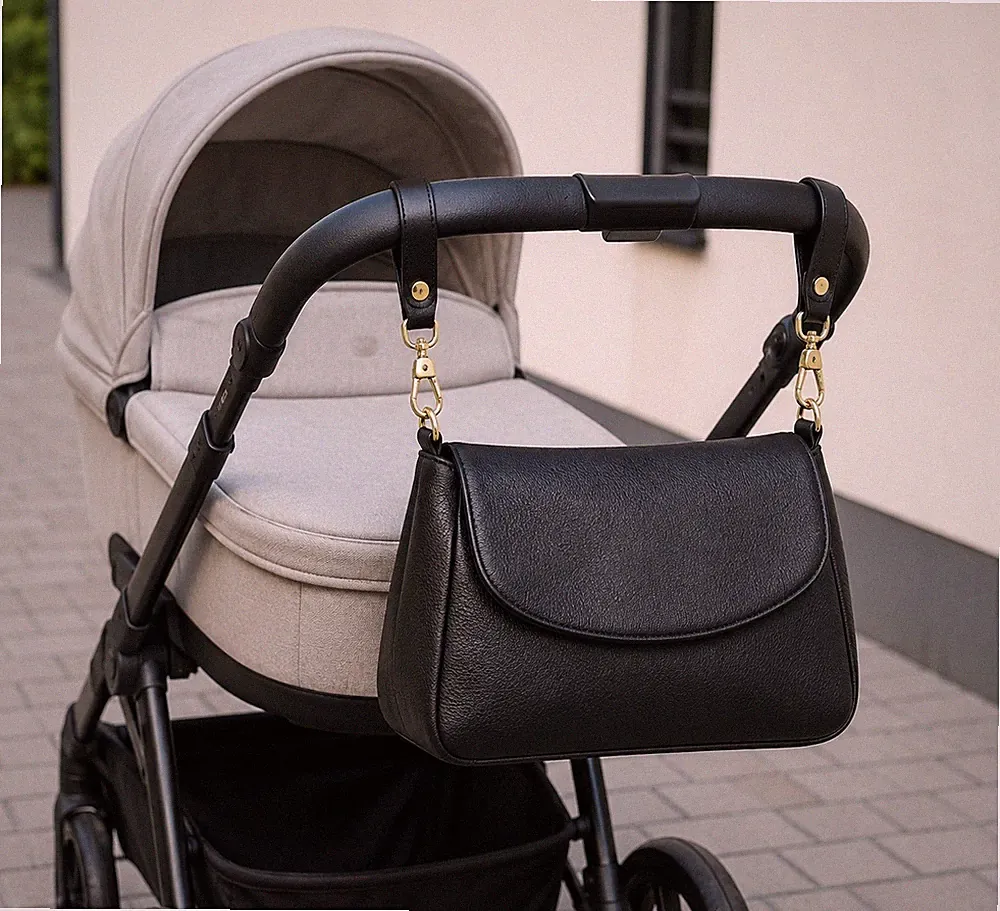 2x Kinderwagen Buggy Leder-Clips mit Karabiner Befestigung Babytasche Handtasche