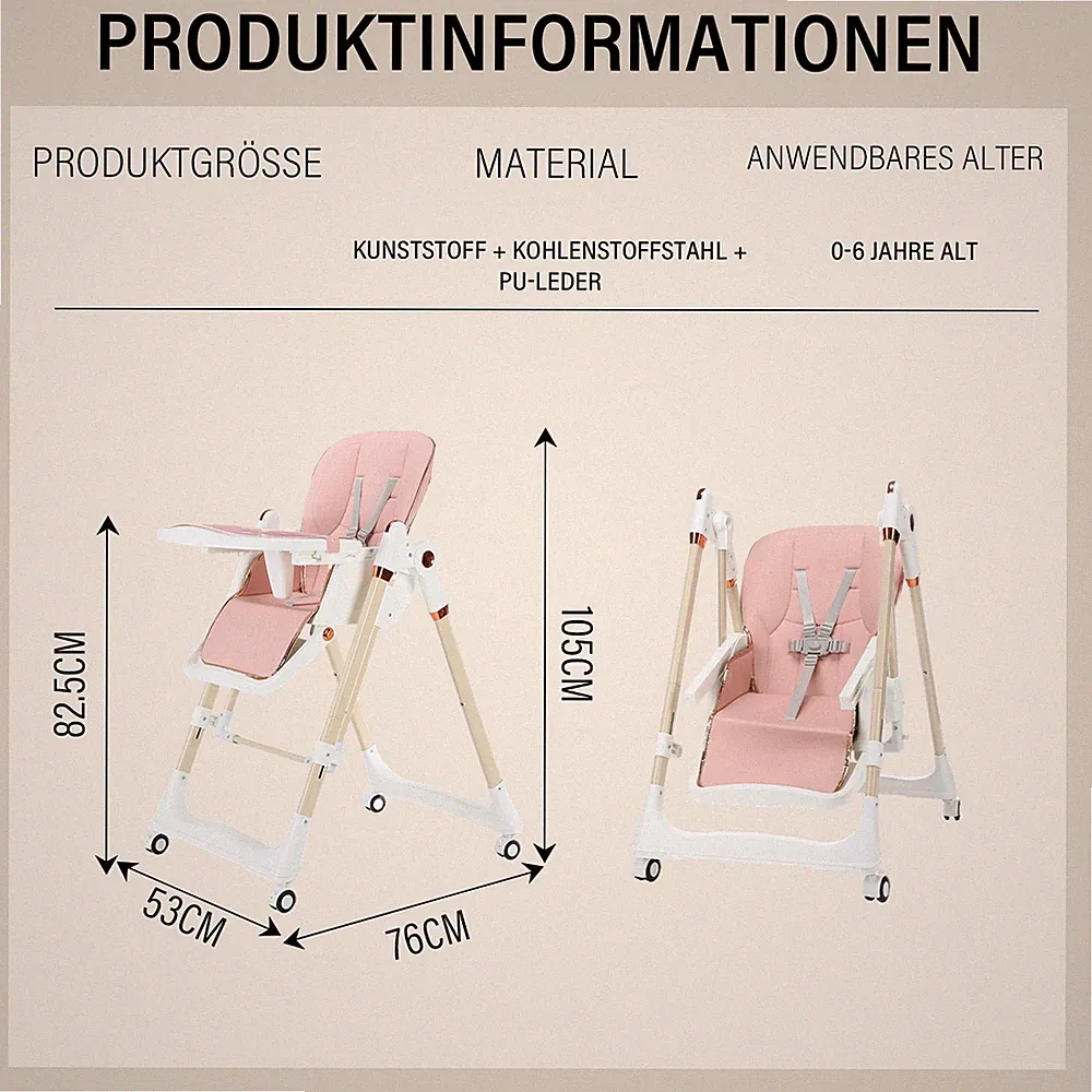 3-in-1 Kinderhochstuhl Hochstuhl Wippe Babystuhl Kinderwagen klappbar mit Rollen