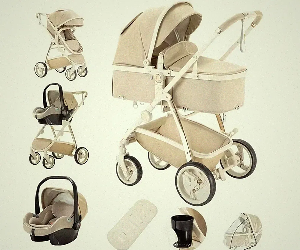 3 in 1 Kinderwagen, Babywanne,Autositz, Sportsitz,Creme-Weiß, Kostenloser...