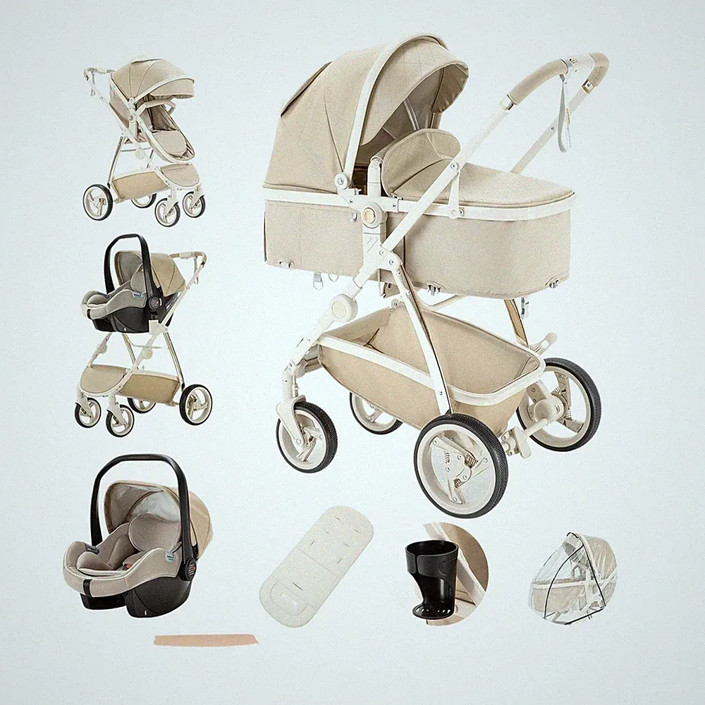 3 In 1 Kinderwagen Neugeborene Babywanne PU Leder Luxus Faltbar Hochlandschaft