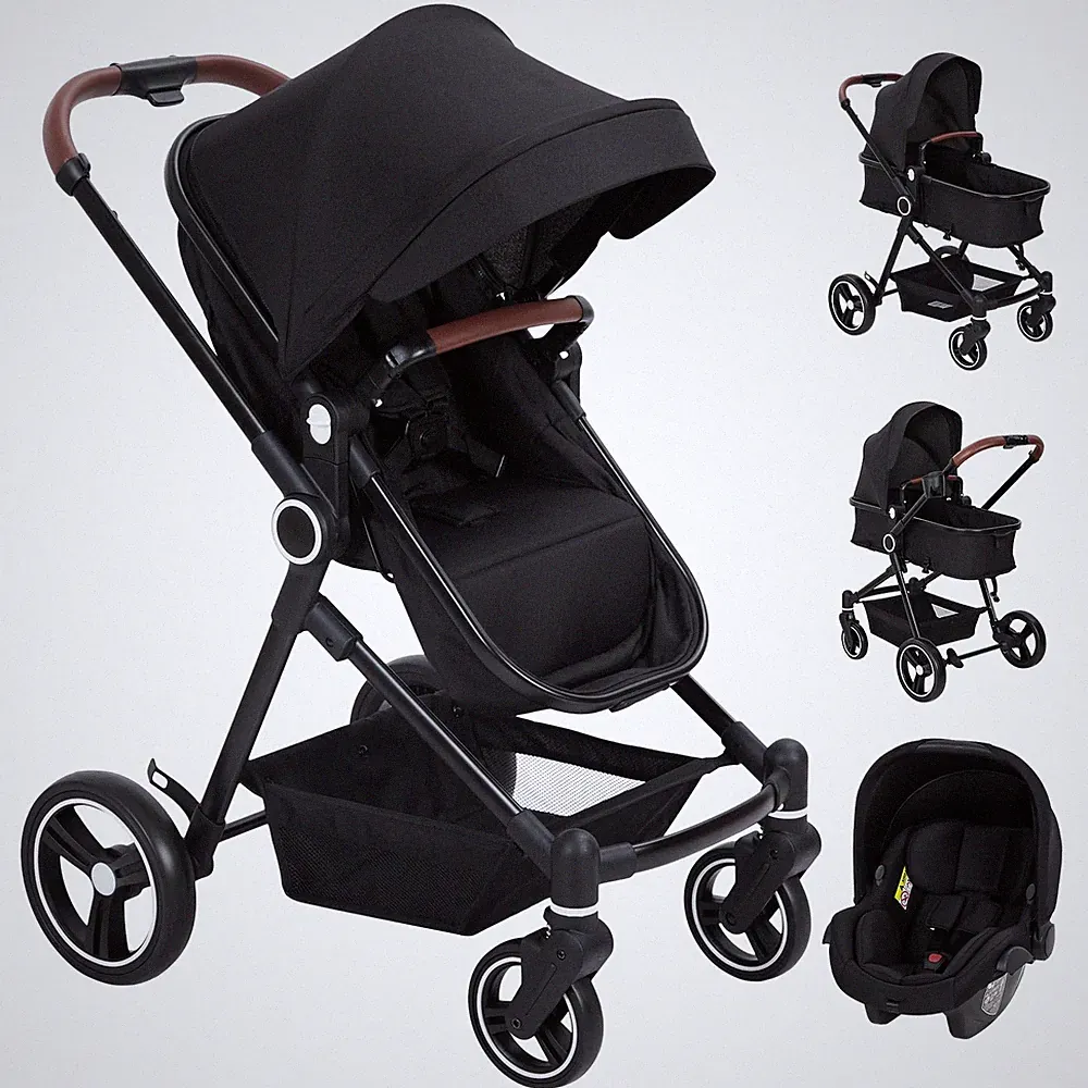 3 in 1 Kombi-Kinderwagen Buggy Reisebuggy inkl. Auto-Babyschale Faltbar Schwarz