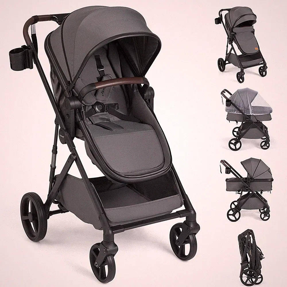 3 in 1 Kombikinderwagen Reisebuggy umkehrbarer Sitz mit Liegefunktion Grau