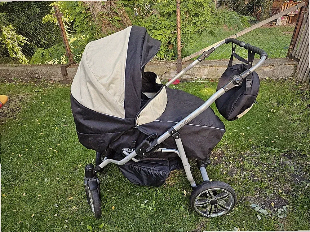3 in 1 Zwillingskinderwagen-Set Duo in Schwarz-Beige mit Zubehör