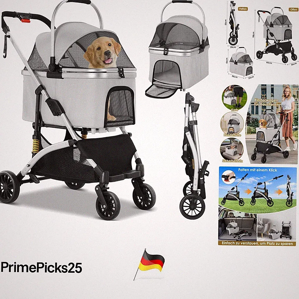 3in1 Hundebuggy Katzenbuggy Transporttasche bis 20 kg Silber Grau