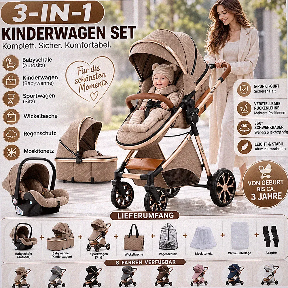 3in1 Kinderwagen Kombi Babywanne Buggy + Auto Babyschale viel Zubehör