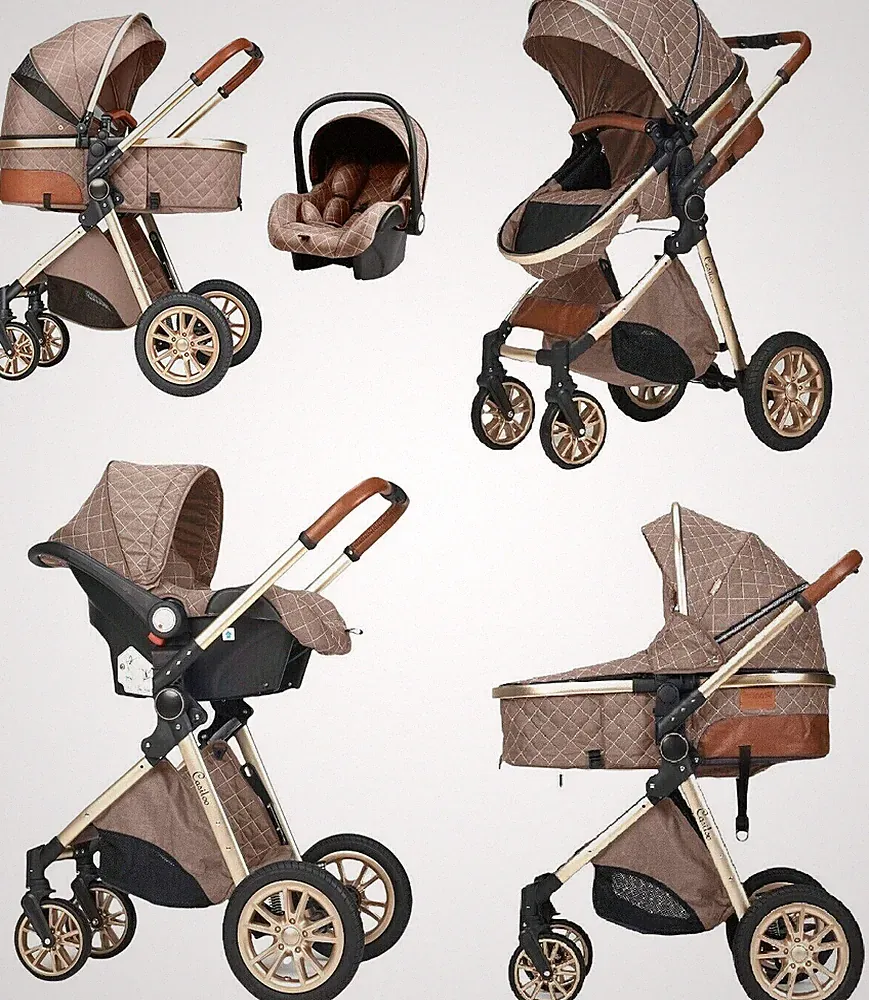 3in1 Kinderwagen Kombi Babywanne Buggy + Auto Babyschale viel Zubehör Khaki/Gold