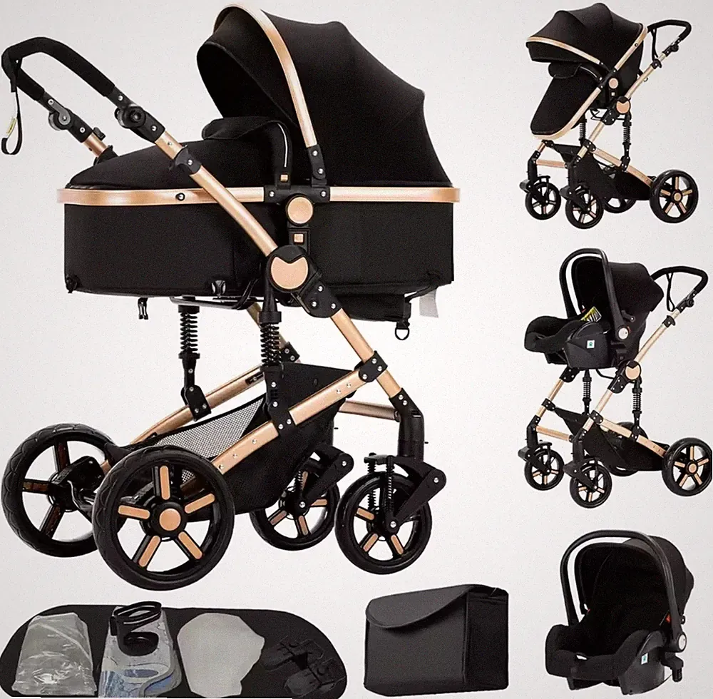 3in1 Kinderwagen Set hoch,Buggy klappbar mit Zubehör & Gratis tasche Schwarzgold