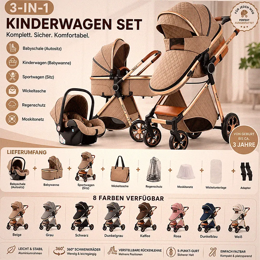 3in1 Kinderwagen Set Khaki – Babywanne, Autositz, leicht faltbar, stoßdämpfend