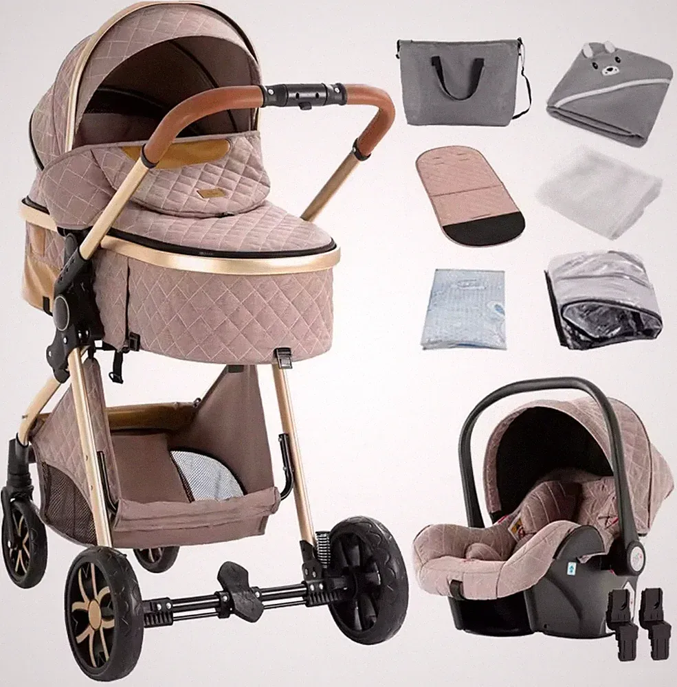 3in1 Kinderwagen Set Khaki – Babywanne, Autositz, leicht faltbar, stoßdämpfend