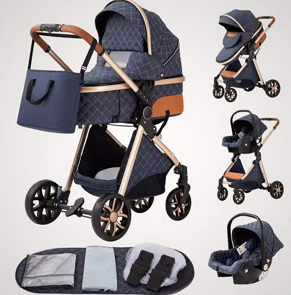 3in1 Kinderwagen Set – Neugeborene – Klappbar – Hoch, Alurahmen, Navy Blau