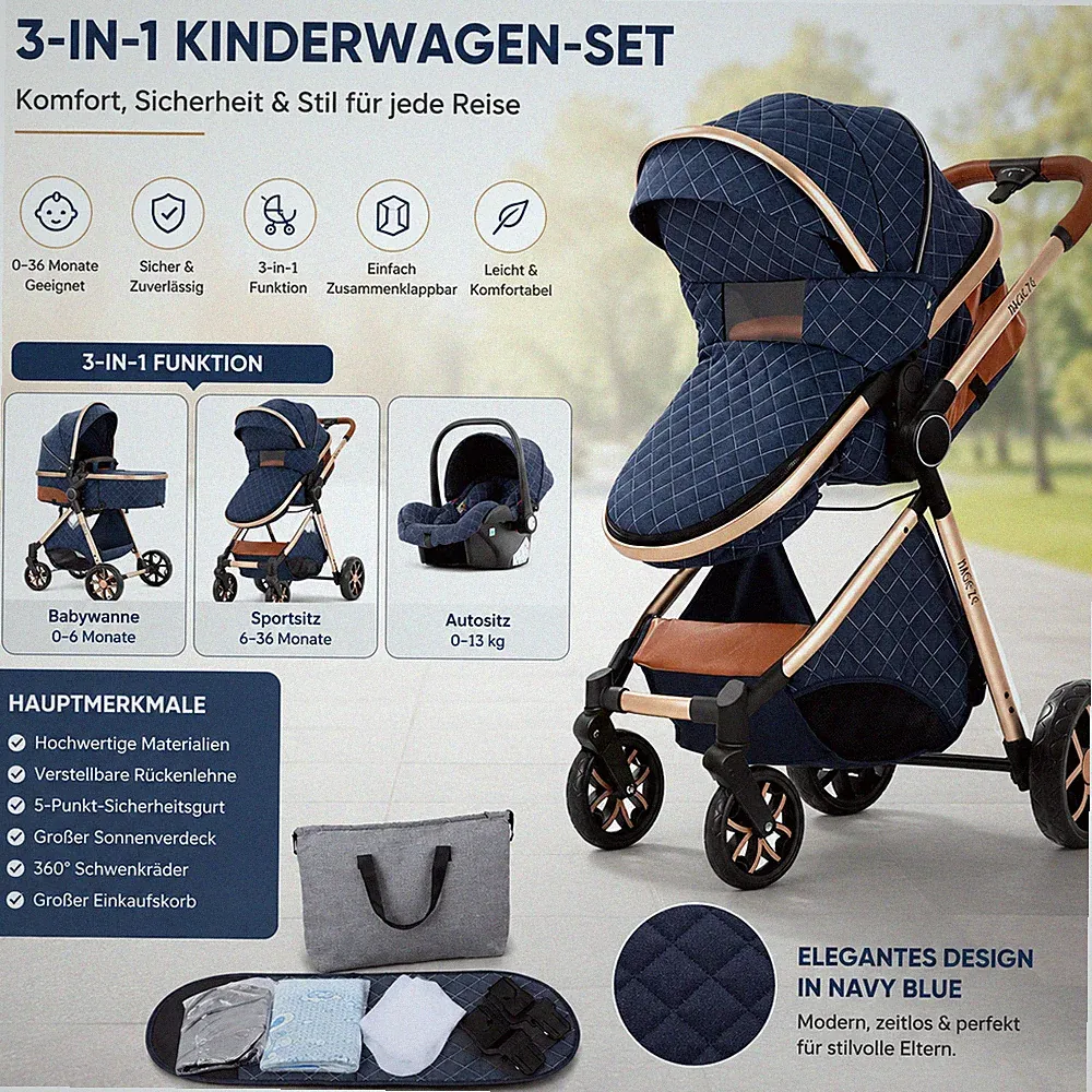 3in1 Kinderwagen Set – Neugeborene – Klappbar – Hoch, Alurahmen, Navy Blau