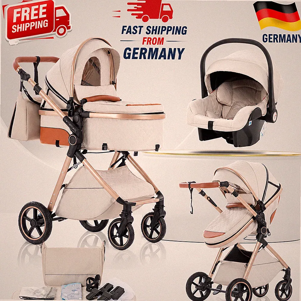 3in1 Kombi-Kinderwagen Buggy Reisebuggy inkl. Babyschale Autositz Faltbar Beige