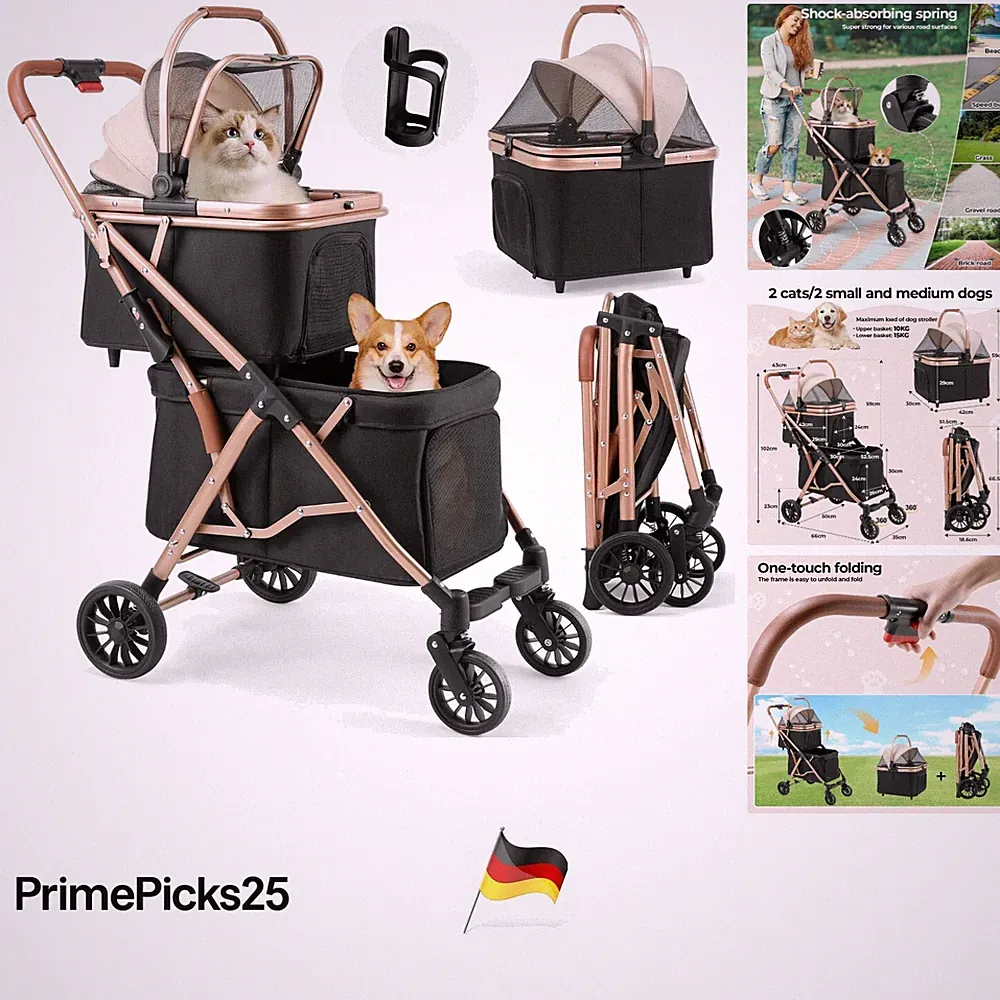 4in1 Hundebuggy doppelt Faltbar Haustierwagen für 2 Tiere bis 15kg