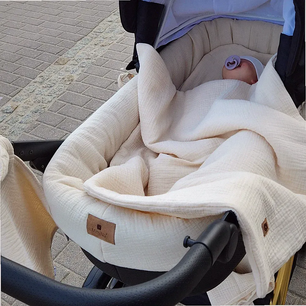 5 tlg. Musselin Kinderwagen Set Beige für Gondel Baby Bettwäsche