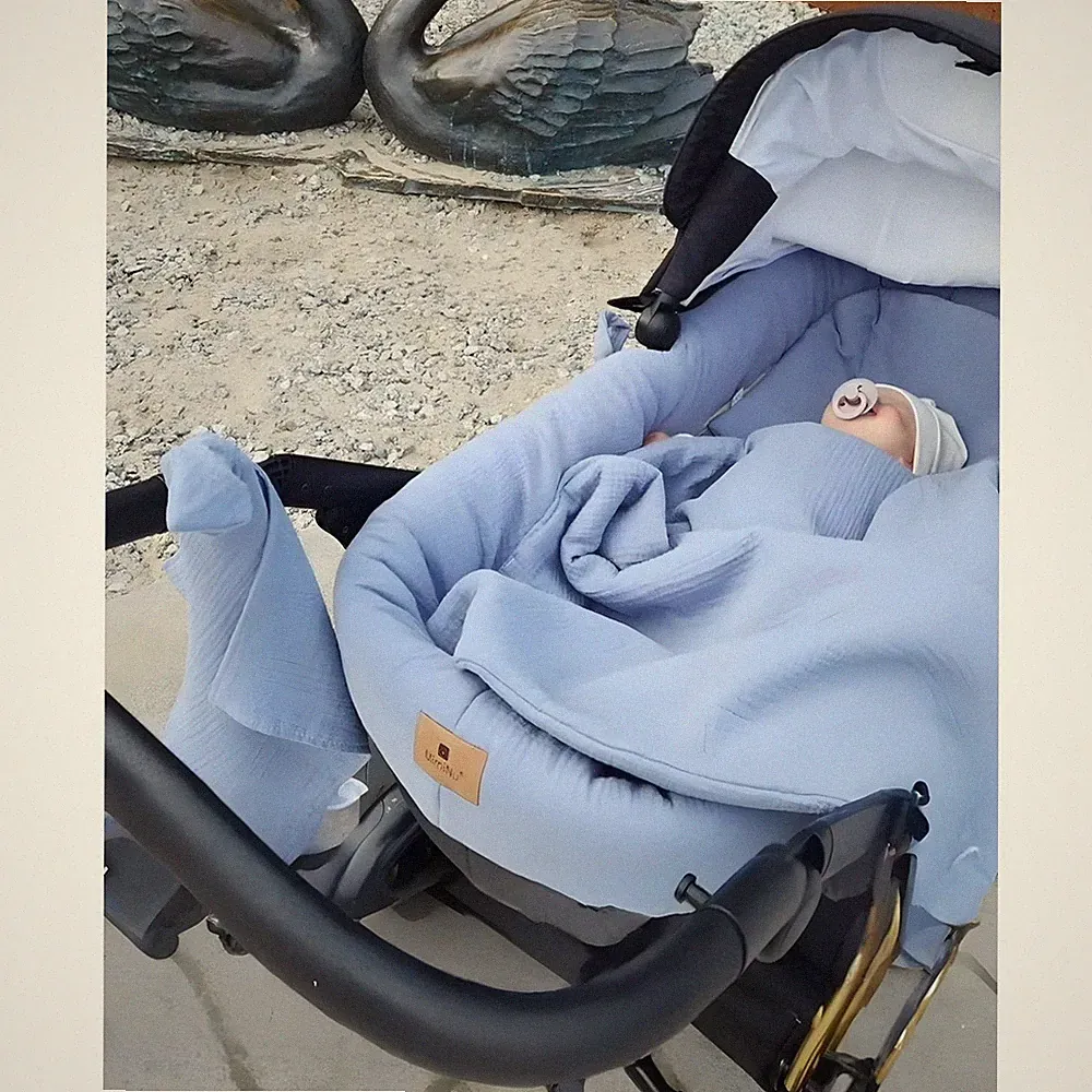 5 tlg. Musselin Kinderwagen Set Blau für Gondel Baby Bettwäsche