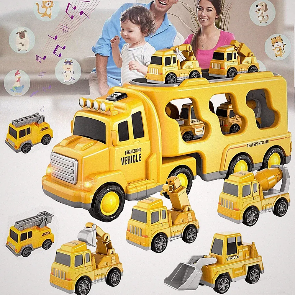 7 in 1 Kinder Bauwagen LKW Spielzeug Autotransporter Fahrzeuge mit Klang & Licht