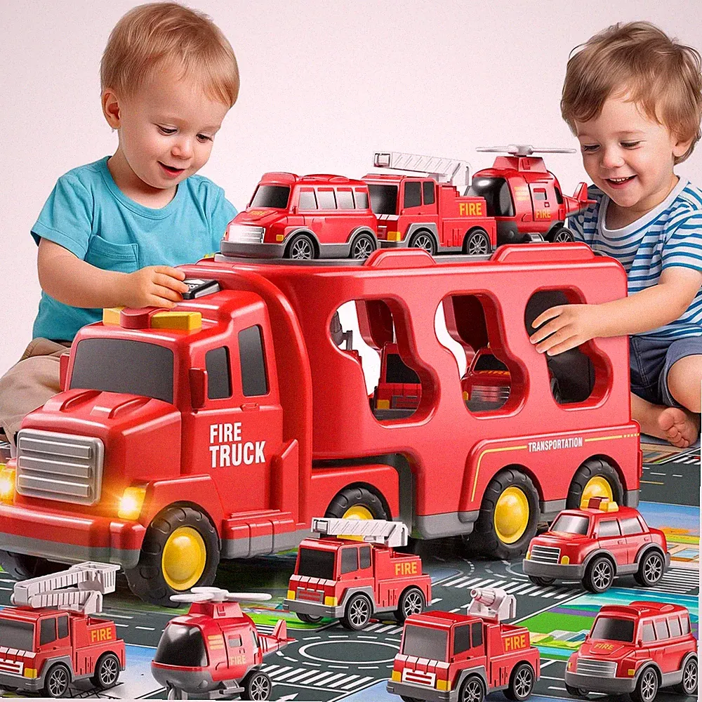 7 in 1 LKW Feuerwehrauto mit Licht und Musik Auto Transporter Kinder Spielzeug