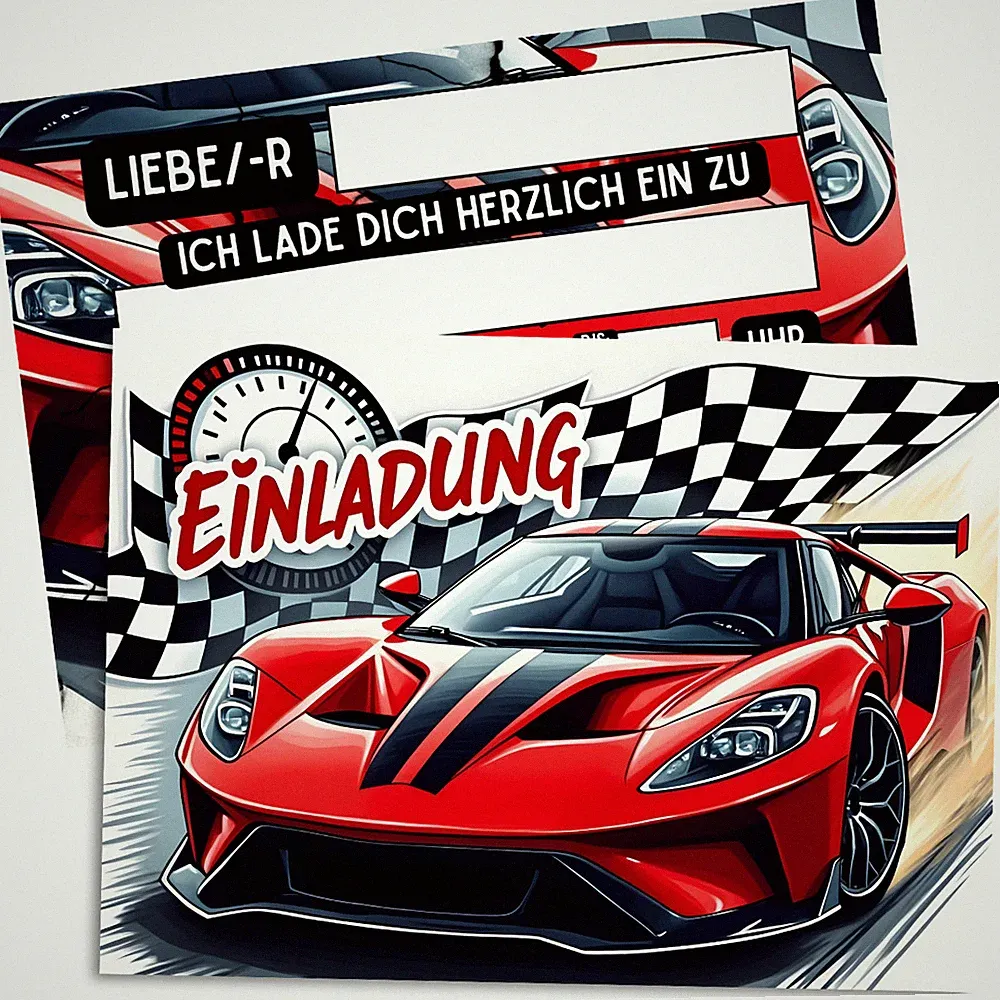8er Einladungskarten Kindergeburtstag für Jungen - Rennwagen - Auto - Sportwagen