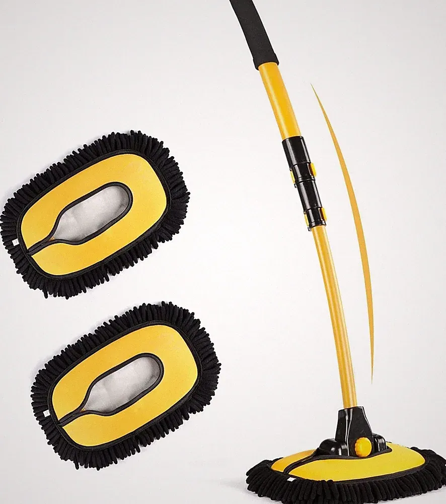 Autowaschbürste mit Teleskopstiel, 15°Curve, Langer Stiel, 2 x Mop-Köpfe, Gelb