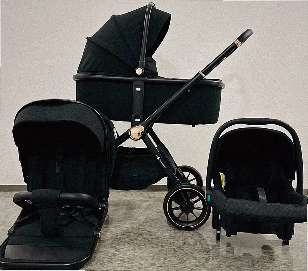 Aziz 3-in-1 Kombikinderwagen schwarz mit Babywanne, Sportsitz, Babyschale
