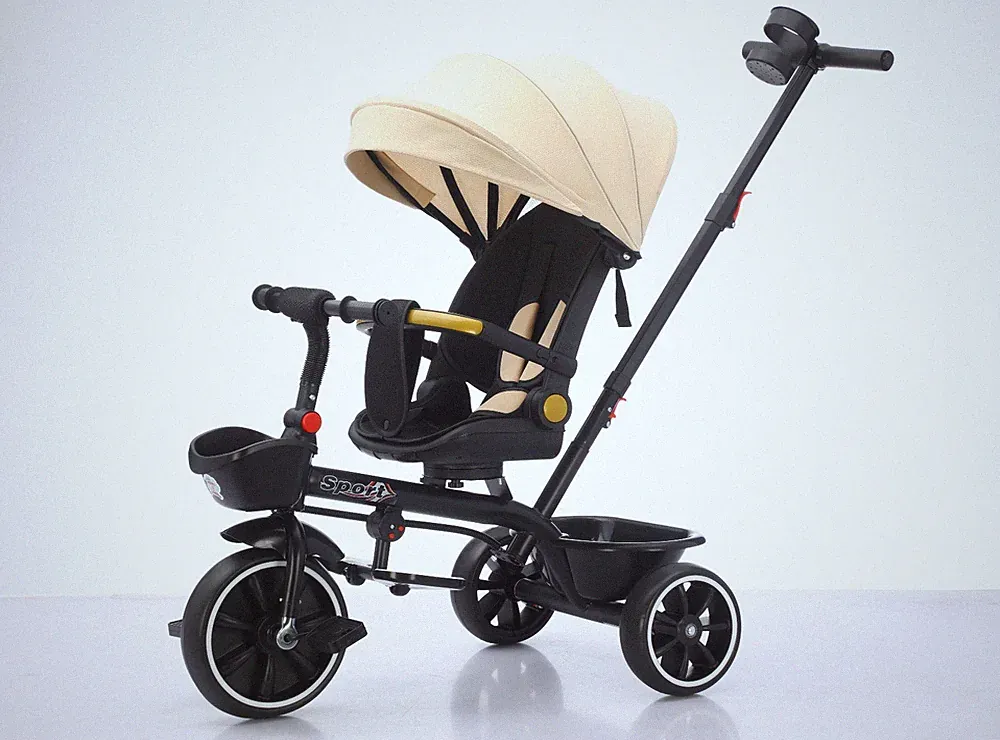 Baby 5-in-1 Dreirad Beige 3-Rad Kinderfahrrad Kinderwagen Trike Verdeck