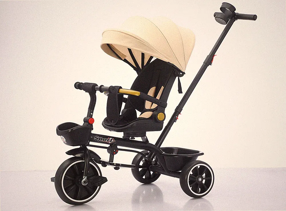 Baby 5-in-1 Dreirad Beige 3-Rad Kinderfahrrad Kinderwagen Trike Verdeck Schiebegriff