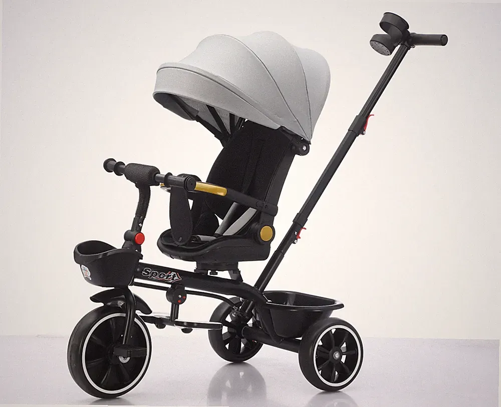 Baby 5-in-1 Dreirad Grau 3-Rad Kinderfahrrad Kinderwagen Trike Verdeck