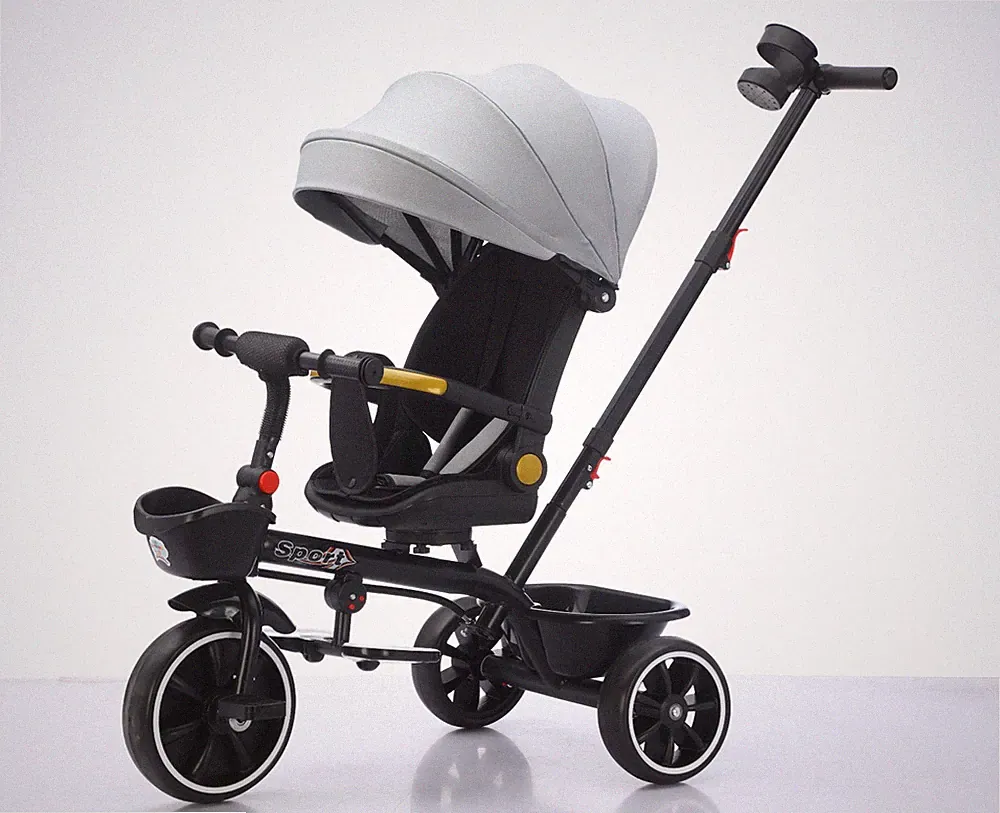 Baby 5-in-1 Dreirad Grau 3-Rad Kinderfahrrad Kinderwagen Trike Verdeck Schiebegriff