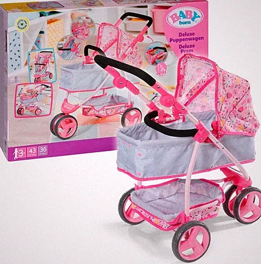 BABY BORN Kombi Puppen Wagen DELUXE rosa faltbar mit Babytrage und Stoffwanne
