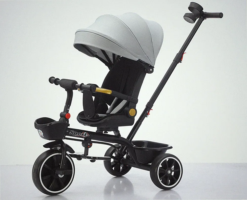 Baby Kinder 5in1 Dreirad Fahrrad Trike Kinderwagen 3 Räder Verdeck 80% montiert grau