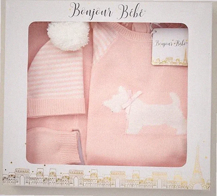BABY MÄDCHEN STRICKOUTFIT & BOMMELMÜTZE SPANISCH ROSA KINDERWAGEN GESCHENKSET NEUGEBORENES MÄDCHEN - 6M