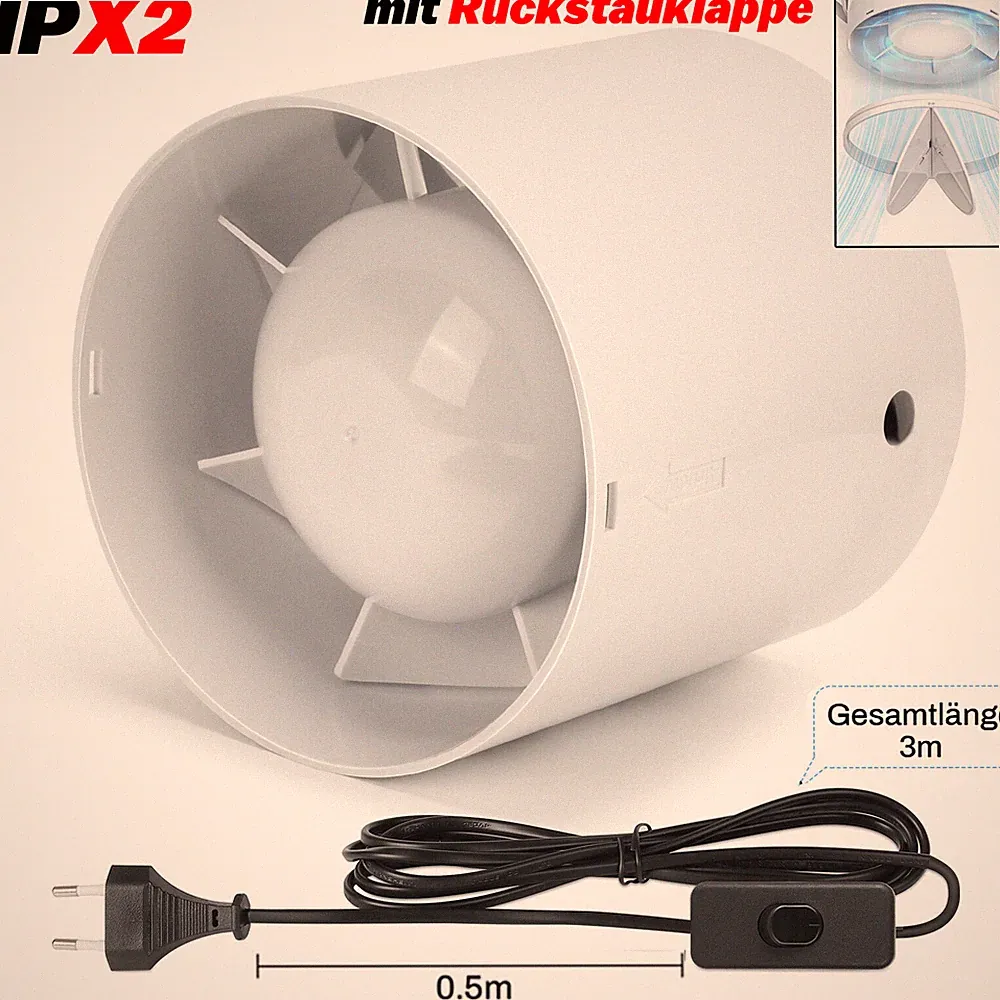 Badlüfter Lüfter Rückstauklappe Ventilator Ø 100 mm Nachlauf Feuchtesensor Leise