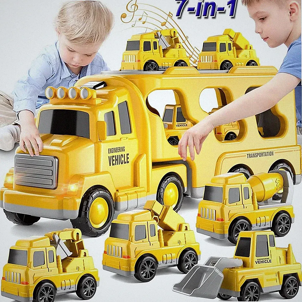 Bau Transporter Spielzeugauto, Bauwagen Bagger Spielzeug für Kleinkinder 7 in 1