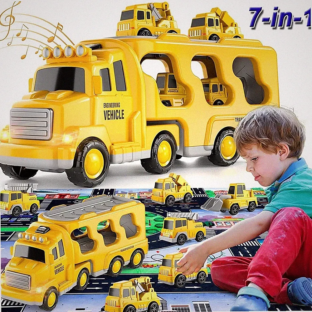 Bauwagen Bagger Spielzeug für Kleinkinder 7 in 1, Autotransporter Spielzeug Auto