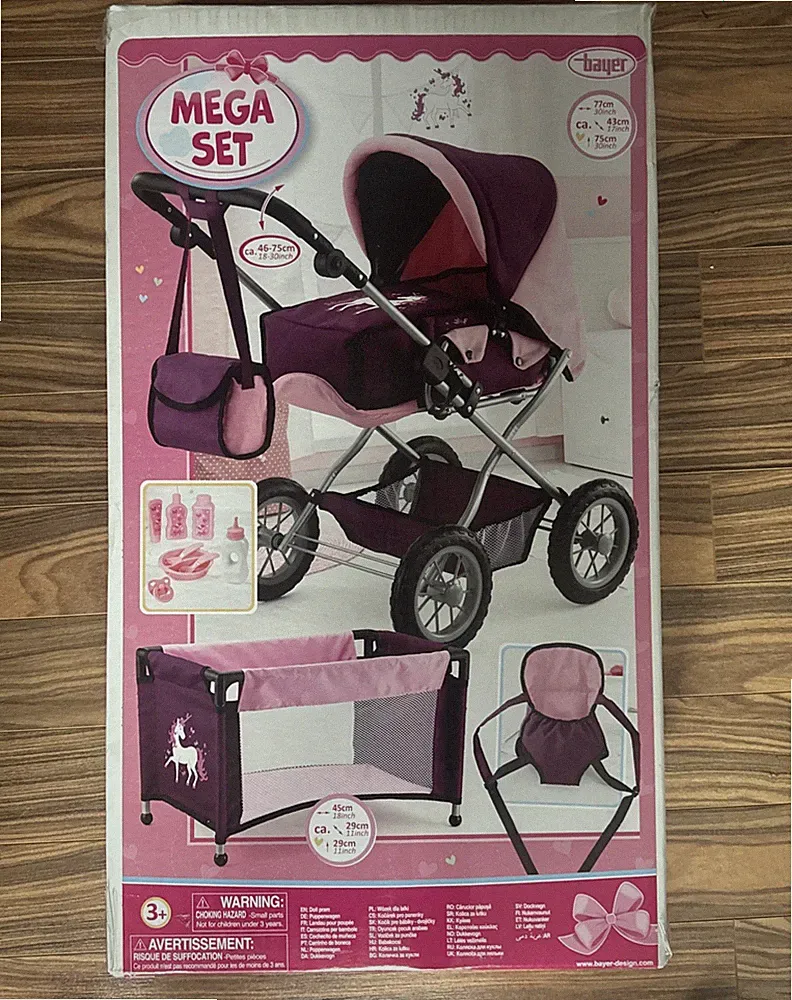 Bayer Design Kombi Puppenwagen Grande Megaset - Reisebett + Zubehör Einhorn lila