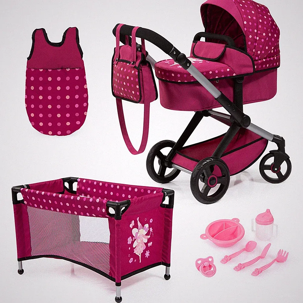 Bayer Design Kombi-Puppenwagen Xeo Mega Set Punkte Fee Bordeaux