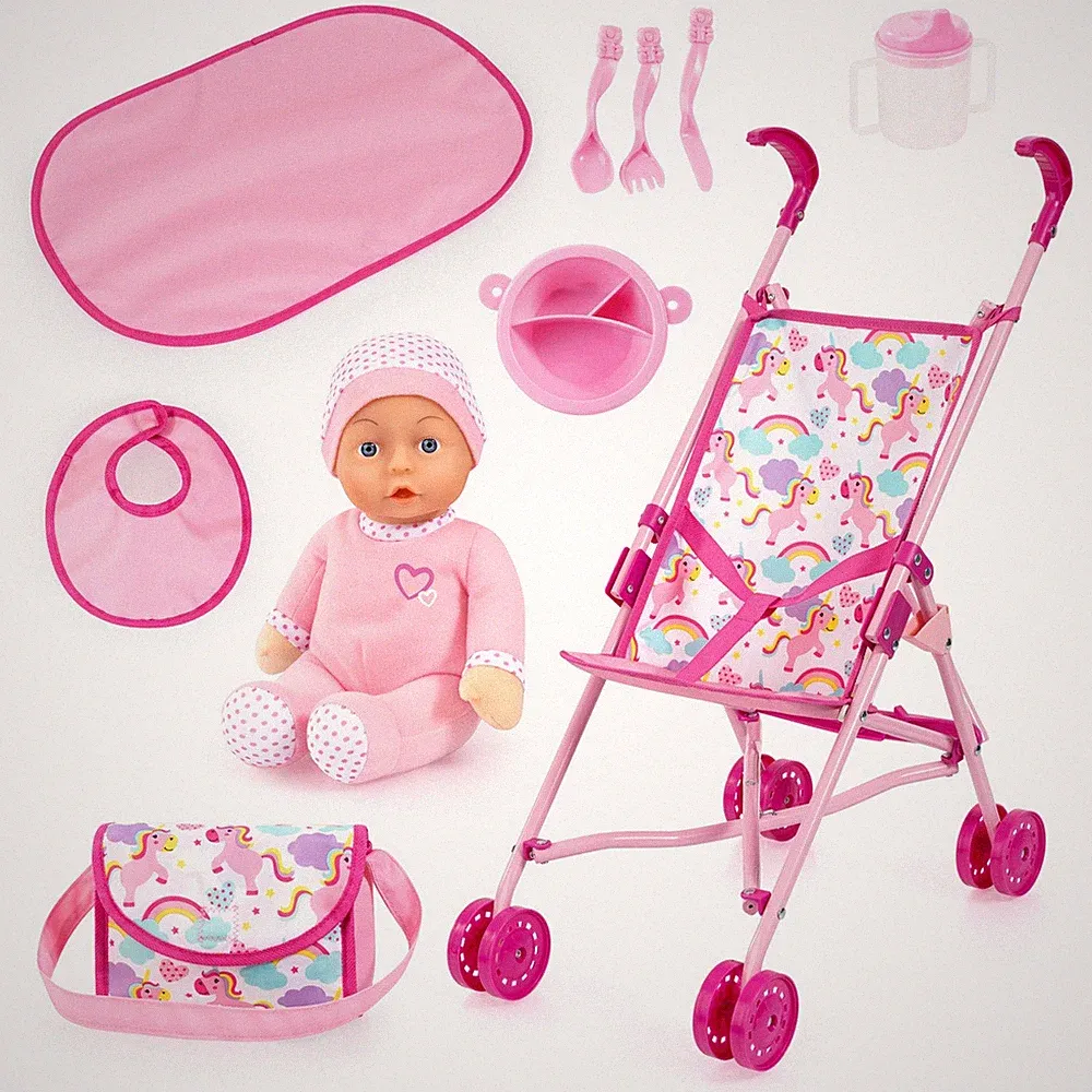 Bayer Design Puppen-Buggy Set mit Zubehör pink Regenbogen Einhorn