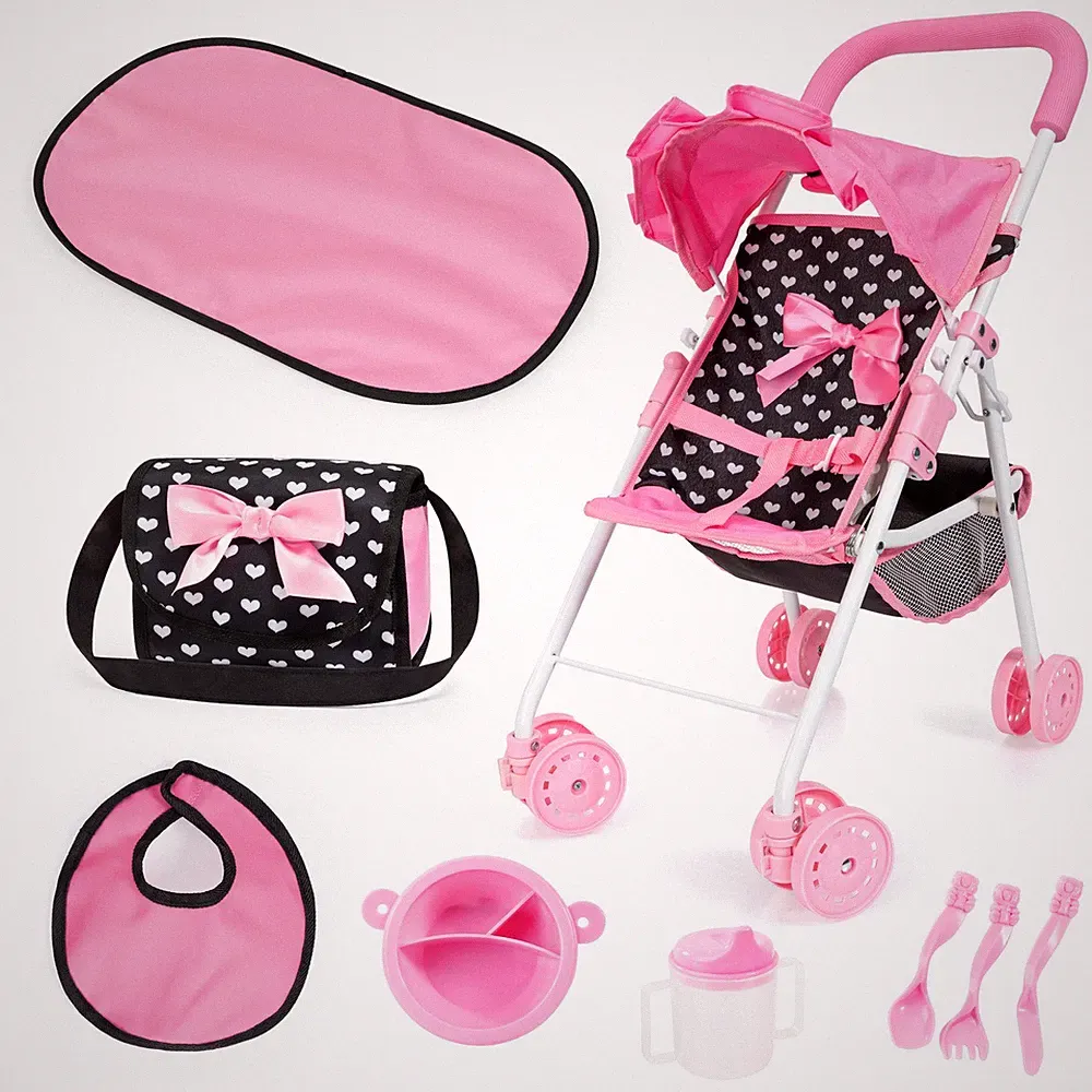 Bayer Design Puppen-Buggy + Wickeltasche Set schwarz rosa Herzchen