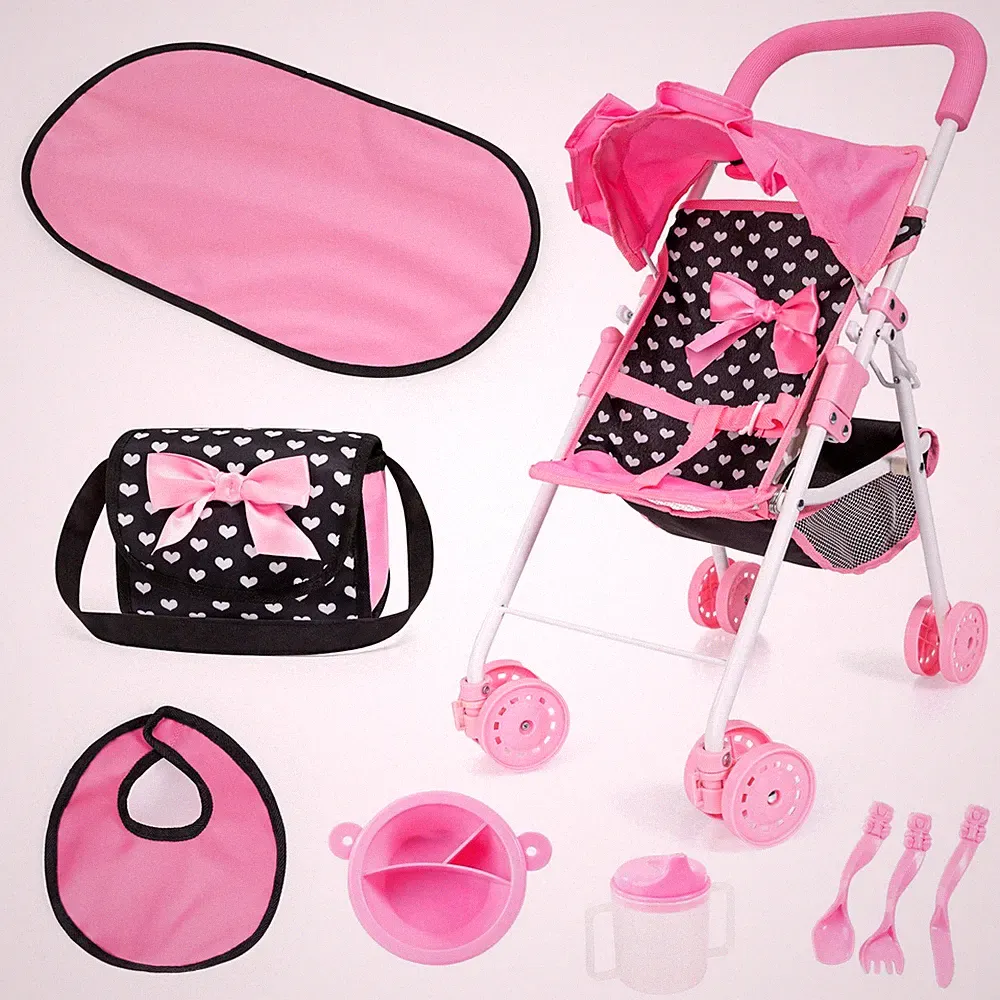 Bayer Design Puppen-Buggy + Wickeltasche Set schwarz rosa Herzchen NEU