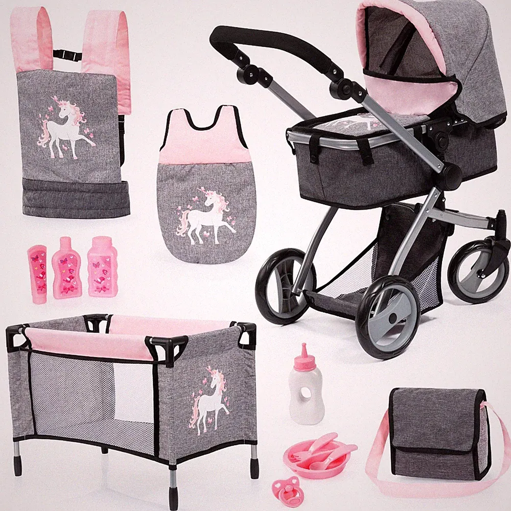 Bayer Design Puppen Spielzeug Mega Set, Puppenwagen, Reisebett, Zubehör rosa TOP