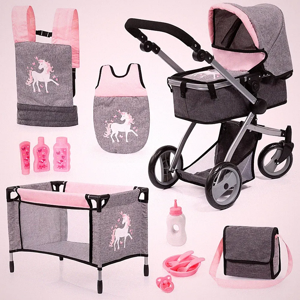 Bayer Design Puppen Spielzeug Mega Set, Puppenwagen, Reisebett, Zubehör rosa TOP