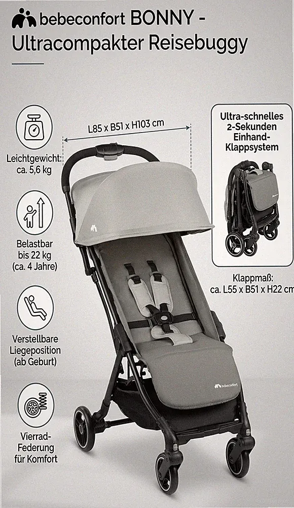 Bebeconfort Bonny Reisebuggy Autofold Kompakter Kinderwagen Grau Mist NEU OVP