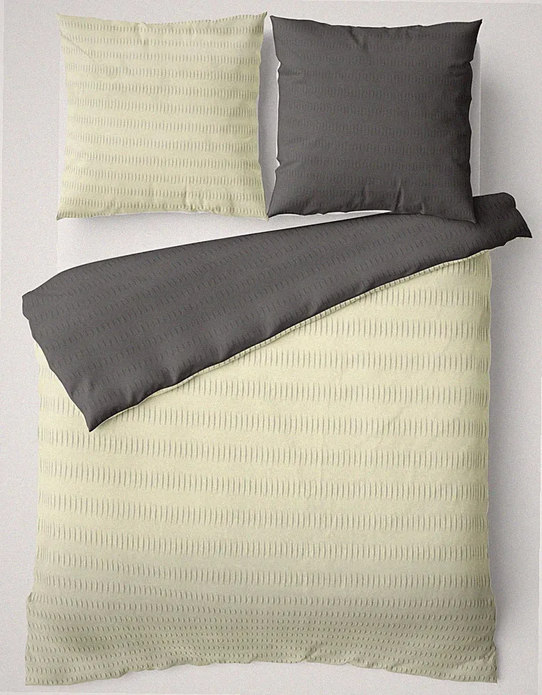 Bettwäsche Seersucker Set Uni Beige Anthrazit Garnitur mit Reißverschluss Kissen