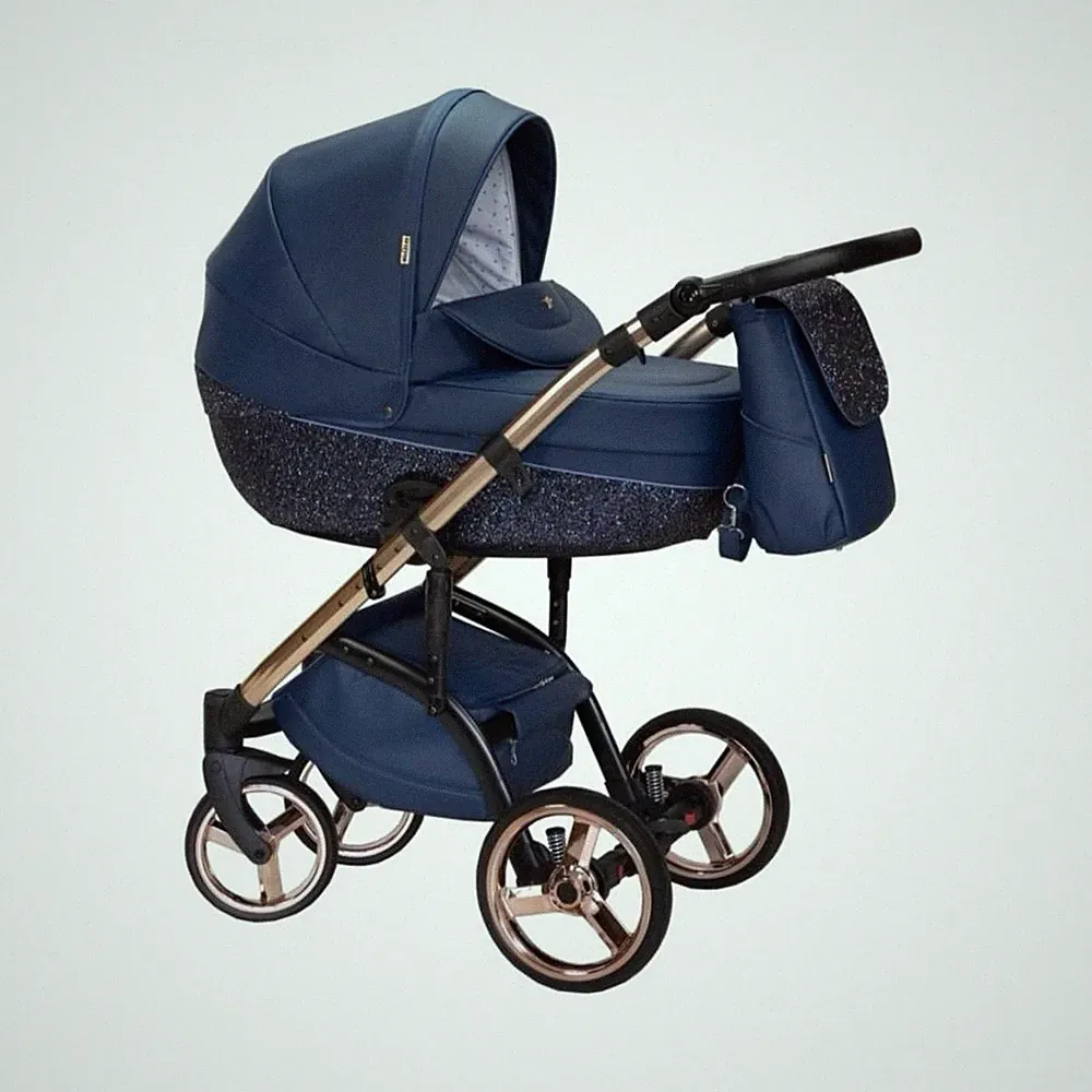 Blauer Kombikinderwagen & Sportwagen, faltbar, Korb, Sonnendach, goldene Akzente